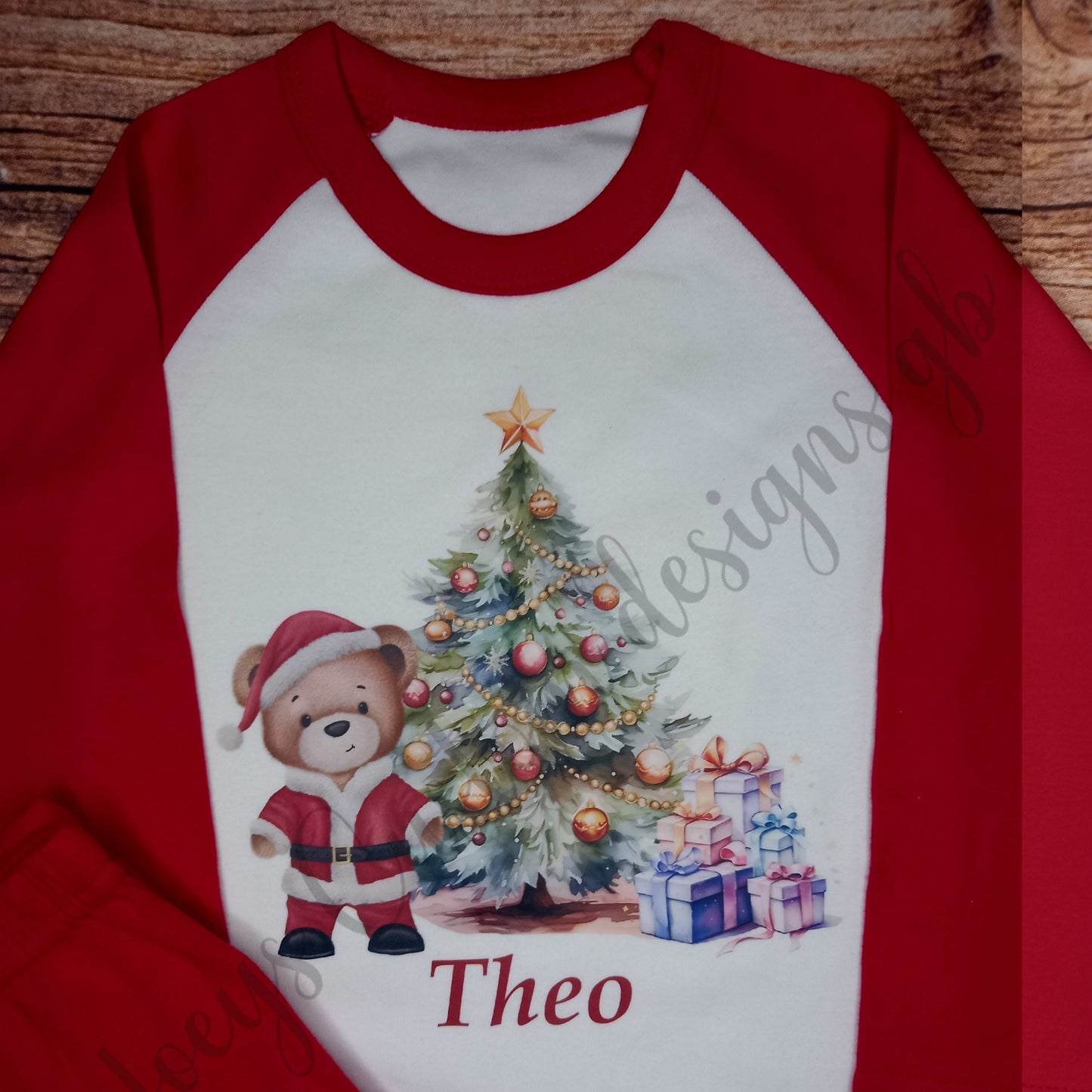 Children's personalised Christmas pyjamas, kids festive pjs, Santa teddy and tree pjs,