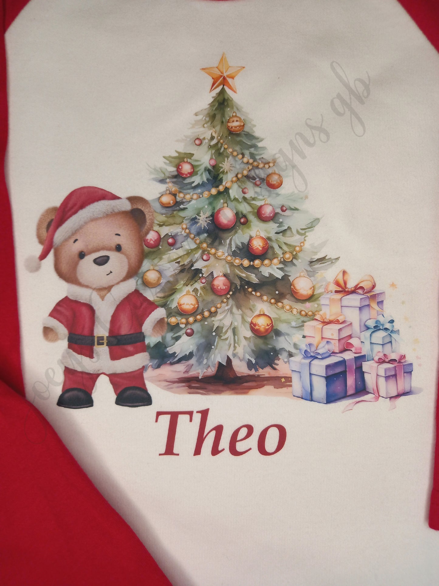 Children's personalised Christmas pyjamas, kids festive pjs, Santa teddy and tree pjs,
