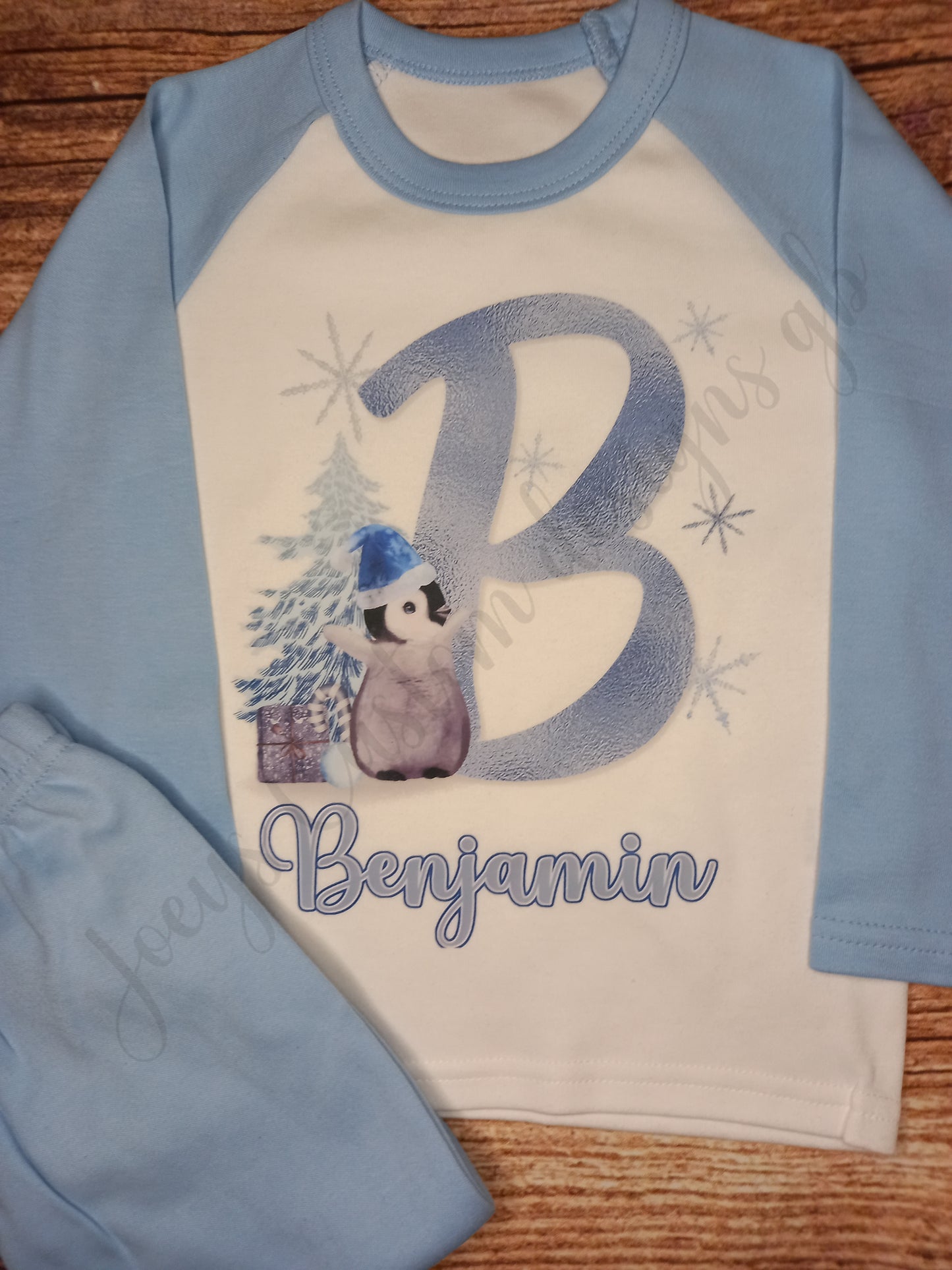Children's personalised Christmas pyjamas, Kids festive pjs, Blue Penguin initial nightwear