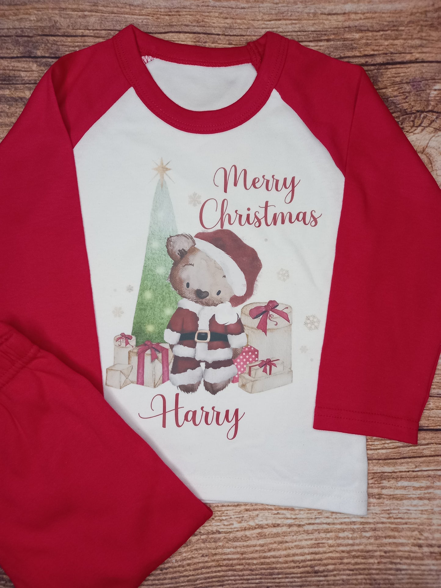 Children's personalised Christmas pyjamas, Kids Teddy bear xmas pjs, festive night wear