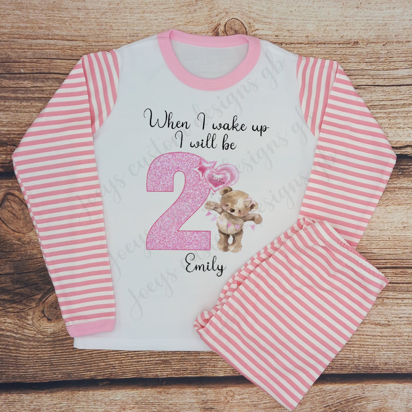 Childrens personalised birthday pyjamas, Kids teddy bear birthday sleepwear, Childs when I wake up I will be night wear.