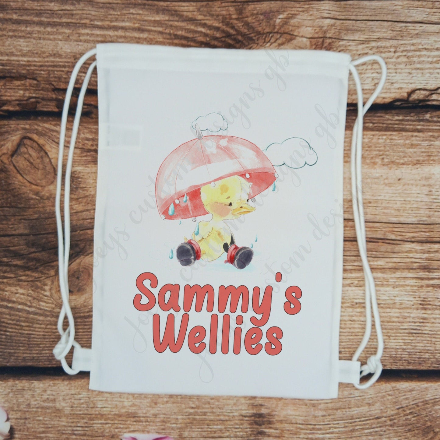 Childrens personalised welly bag, Childs wellies gym sack, kids boot bag, duck with red umbrella school bag, toddler boot bag, nursery bag