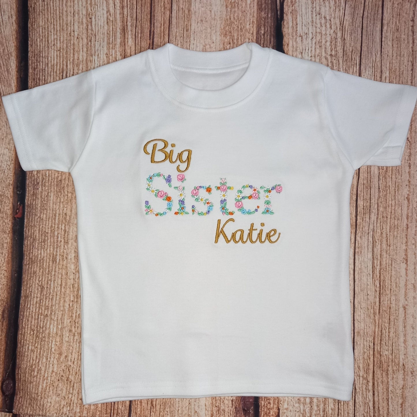 Childrens personalised big sister tshirt, big sister embroidered shirt, kids floral sister tee, sibling tshirt, pregnancy announcement shirt