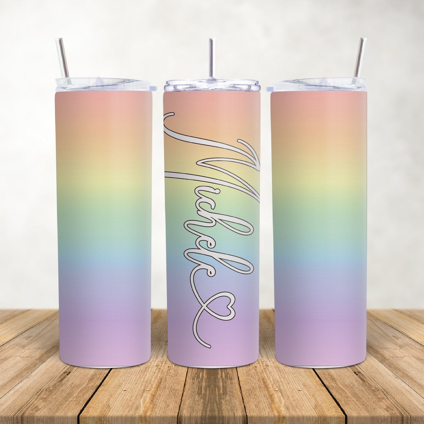 Personalised 20 oz tumbler with metal straw, personalised drink ware, steel tumbler, rainbow drinks bottle, personalised gift,