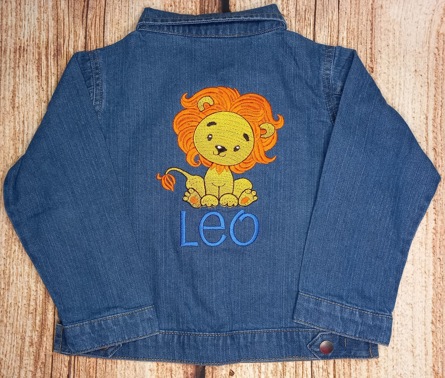 Childrens personalised jacket, kids lion denim jacket, Childs embroidered denim style jacket, casual wear, baby's denim jacket
