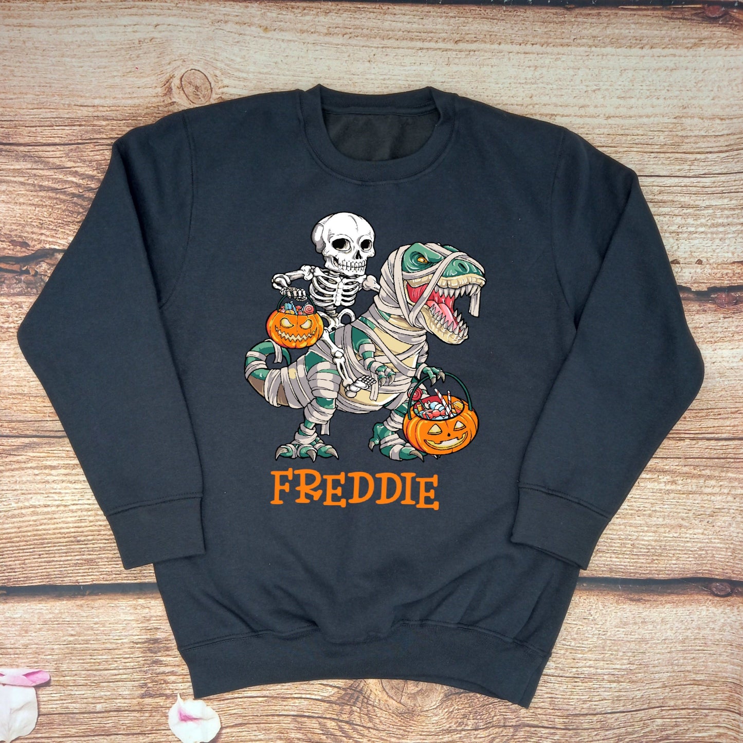 Childrens personalised Halloween Jumper, Kids dinosaur sweater, skeleton riding a dino top, Trick or treat jumper, childs Halloween gift