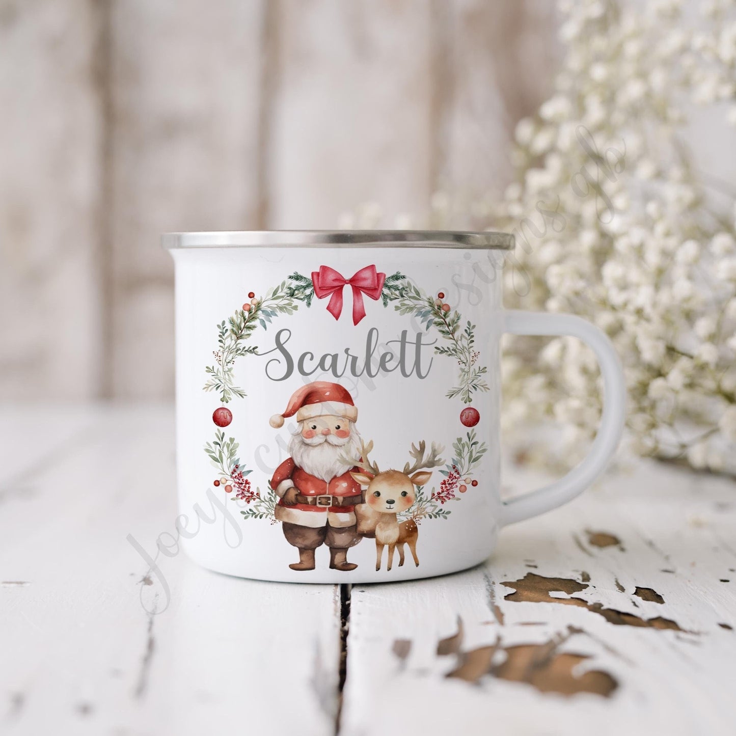 Personalised Christmas cup, Enamel mug, metal drinkware, camping cup, Xmas gift, Santa and reindeer wreath mug, kids drinking cup