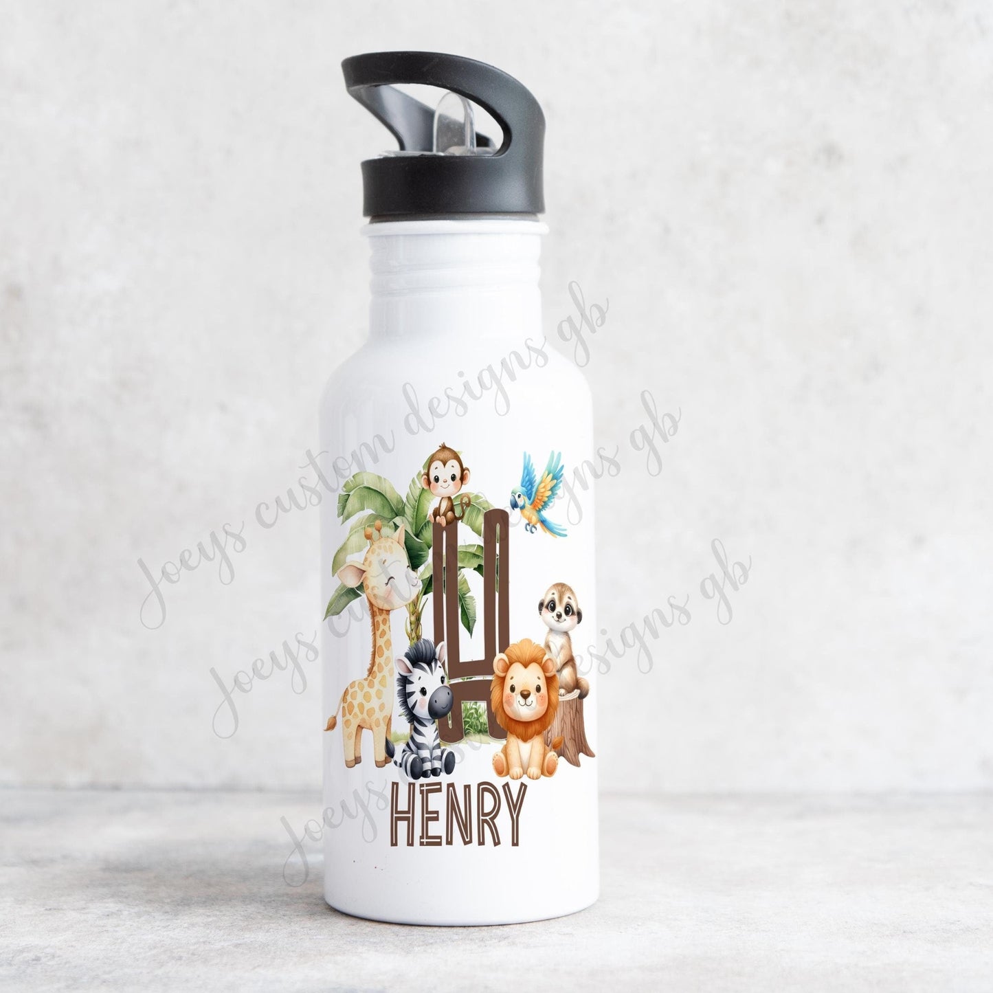 Childrens personalised water bottle, Kids jungle animal drinks bottle, Childs stainless steel bottle with straw, school, Nursery cup