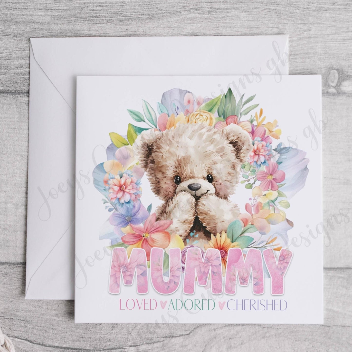 Mothers day card, Teddy bear in floral wreath greetings card, 6 inch square smooth white card, Mum, Mummy, Mamma, Mama, Auntie, Sister, Mom