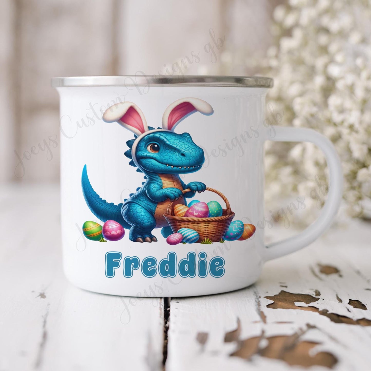 Easter dinosaur enamel mug, personalised metal cup, Kids Easter gift, camping drinkware