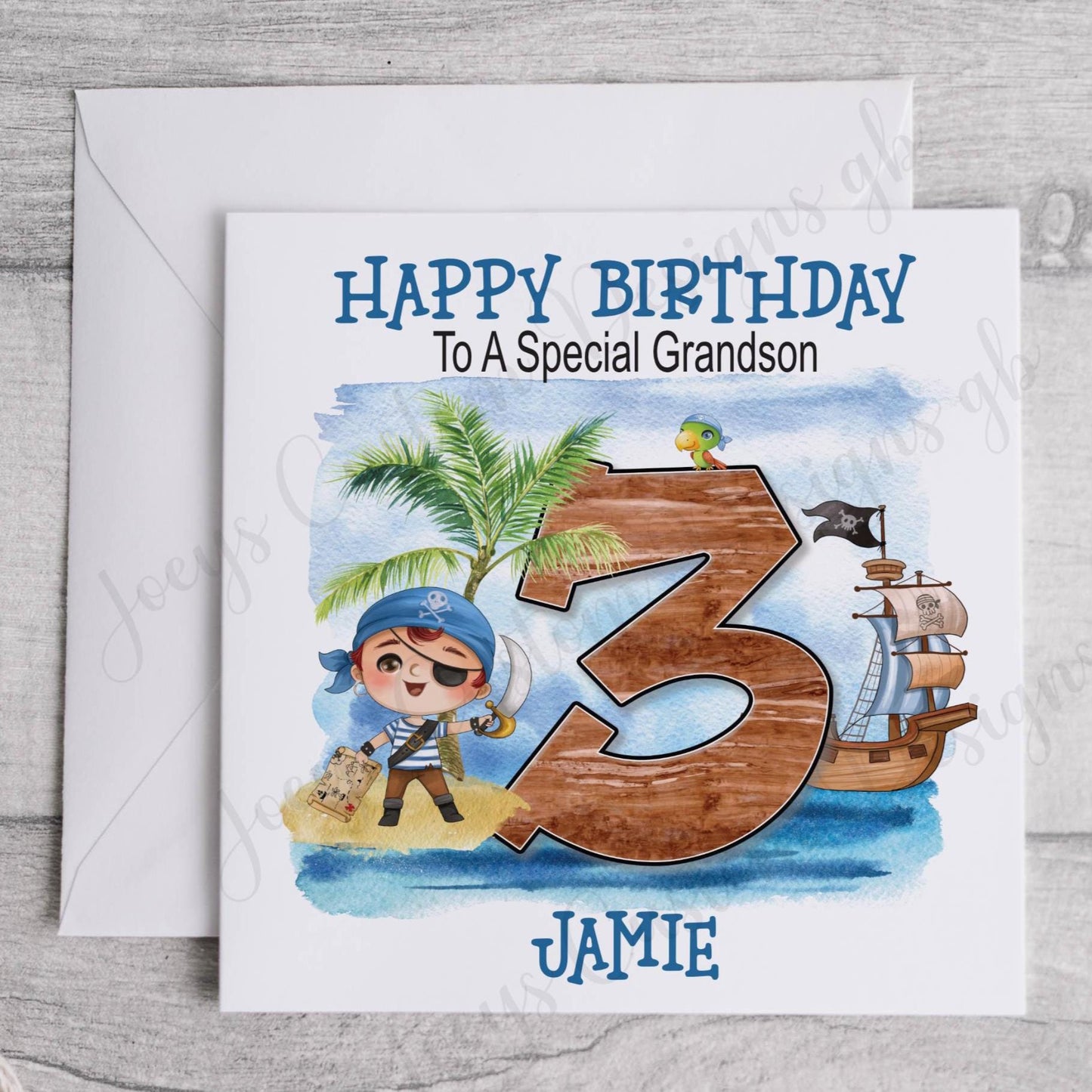 Children's personalised Birthday card, Kids greetings card, Pirate celebration card, Age, Grandson, Son, Daughter, Nephew, Niece, 6" square