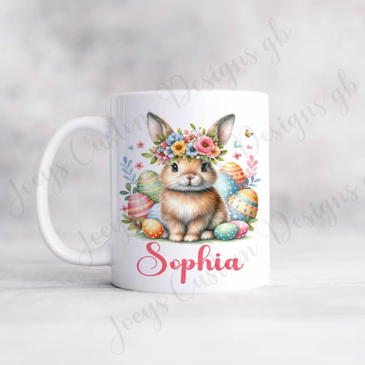 Personalised Easter mug, floral rabbit cup, kids drinkware, Easter gift for children, plastic 11 oz mug, ceramic cup