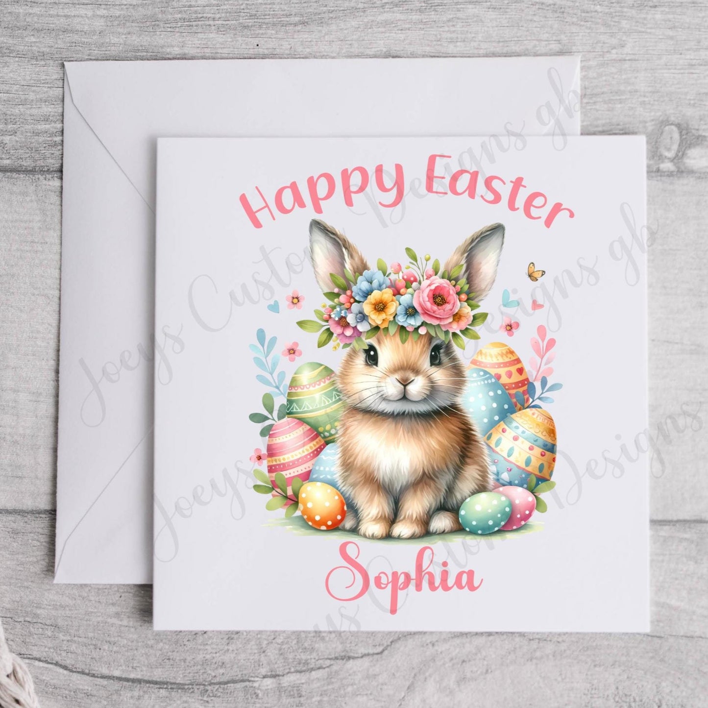 Personalised Easter Card, Floral rabbit easter card, children's Easter greetings card 300 gsm 6 inch square