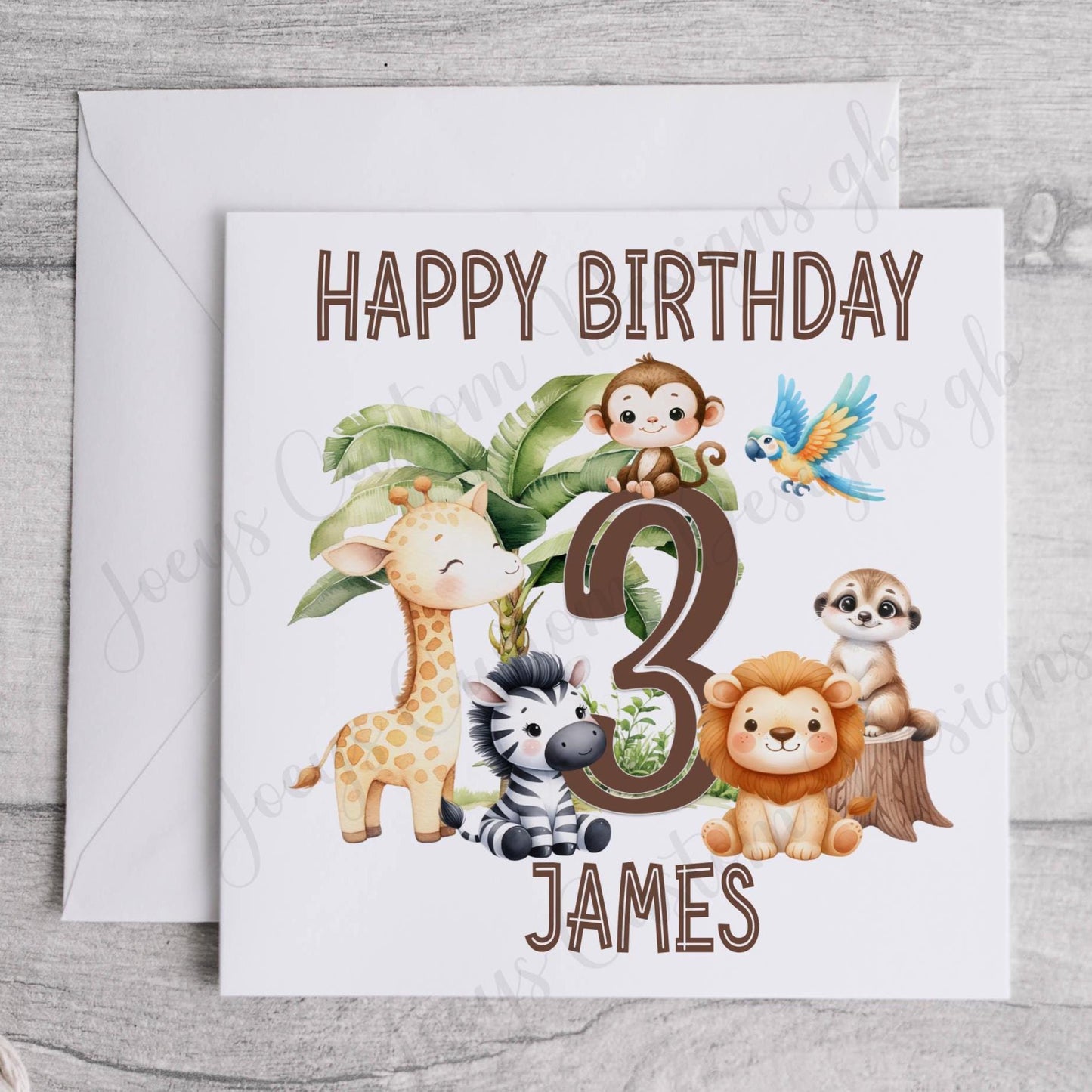 Personalised birthday card, children's jungle animal celebration card, kids greeting card, 6 inch square card