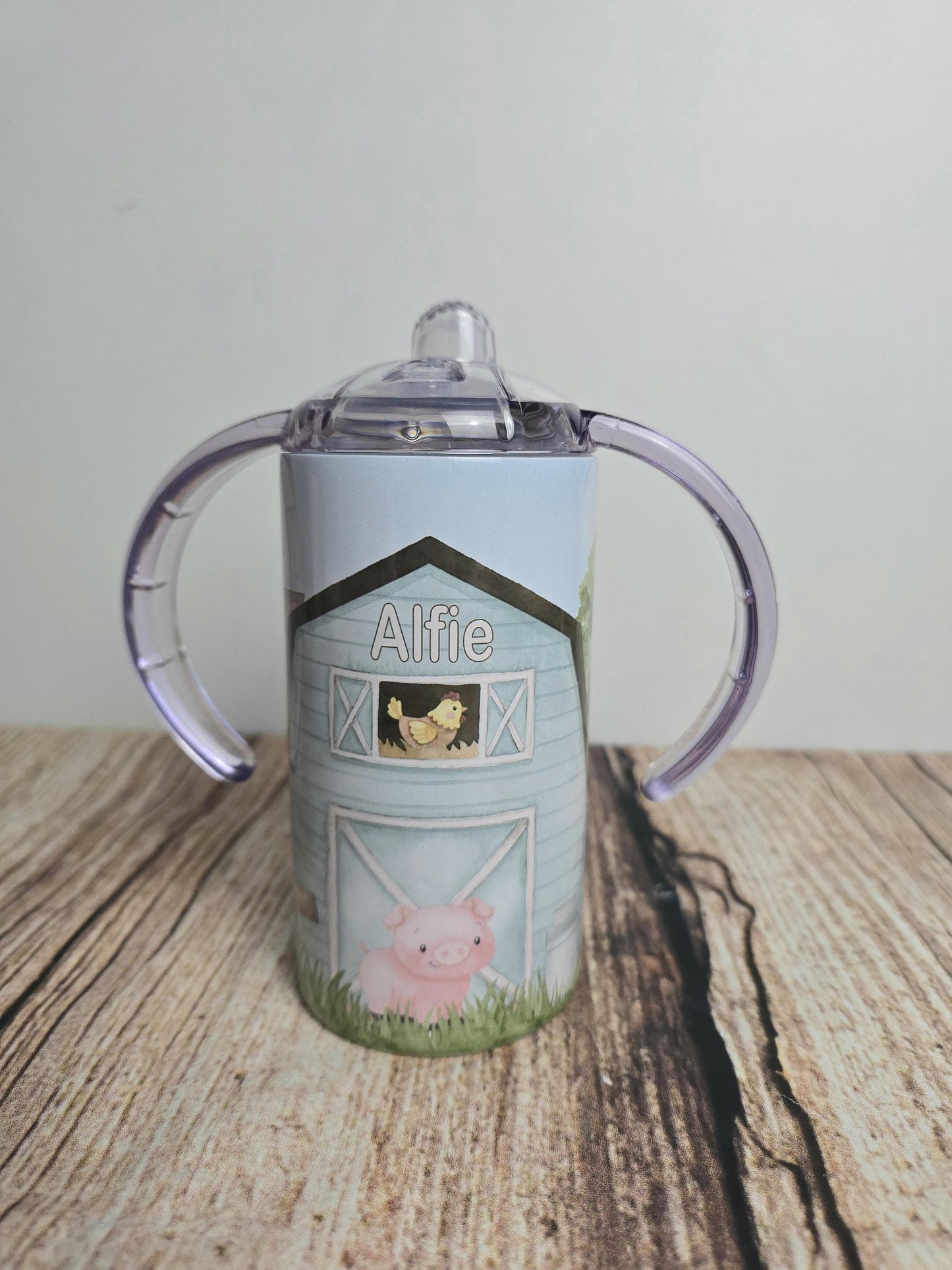 Personalised wide handled sippy cup, kids farmyard drinking bottle, Farm animal baby beaker, 12oz tumbler with straw, Stainless steel bottle