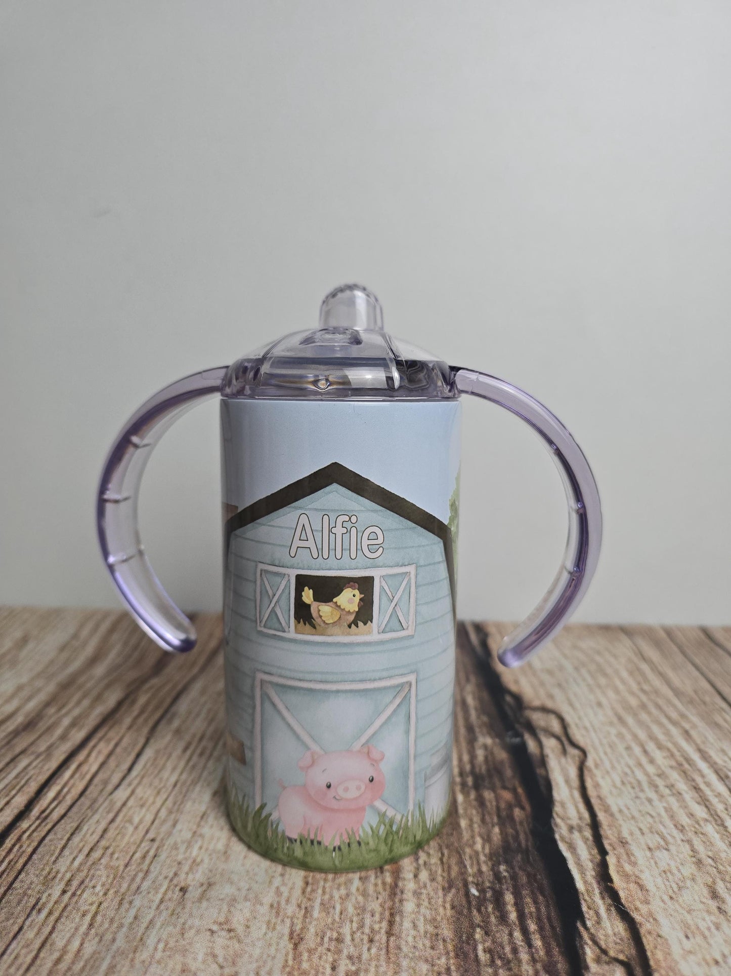 Personalised wide handled sippy cup, kids farmyard drinking bottle, Farm animal baby beaker, 12oz tumbler with straw, Stainless steel bottle