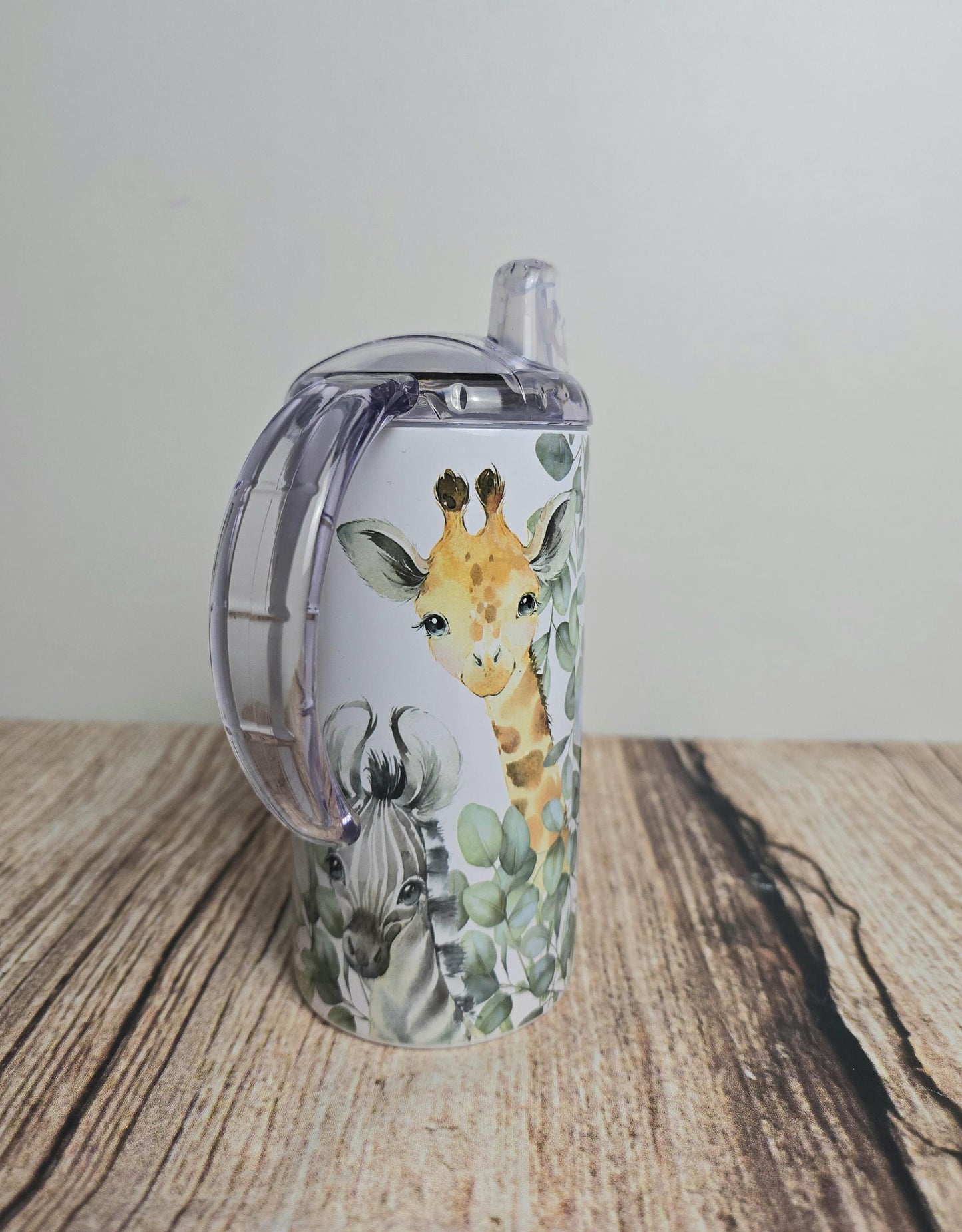 Personalised sippy cup with wide handles, Safari animal drinks bottle, 12oz tumbler with straw, drinking beaker, Elephant, Zebra, giraffe