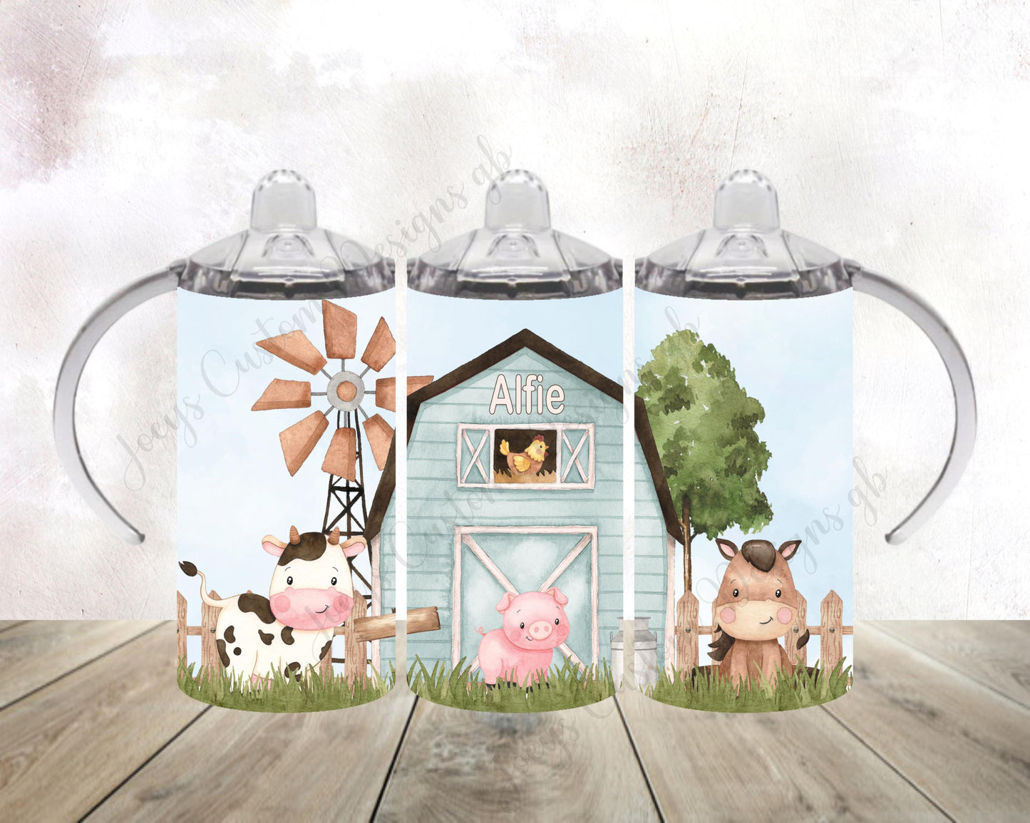 Personalised wide handled sippy cup, kids farmyard drinking bottle, Farm animal baby beaker, 12oz tumbler with straw, Stainless steel bottle