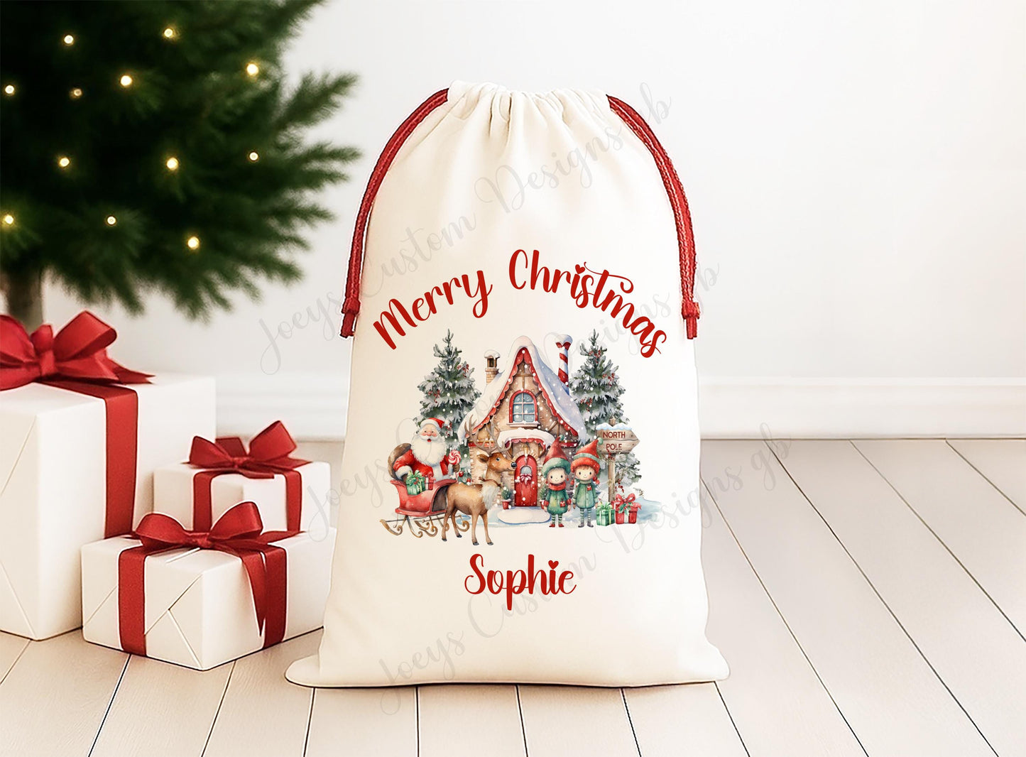 Personalised gift sack, Linen Santa sack with red drawstrings, Father Christmas' grotto, Children's Christmas gift bag, Festive holdall,