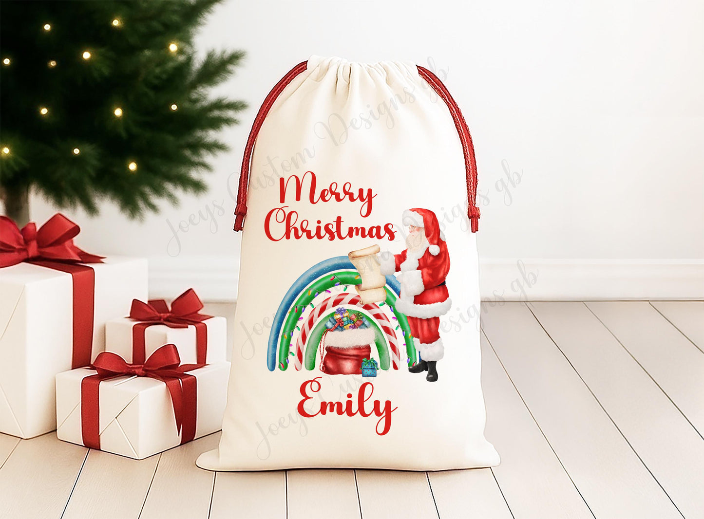 Personalised gift sack, Linen Santa sack with red drawstrings, Father Christmas rainbow, Children's Christmas gift bag, Festive holdall,