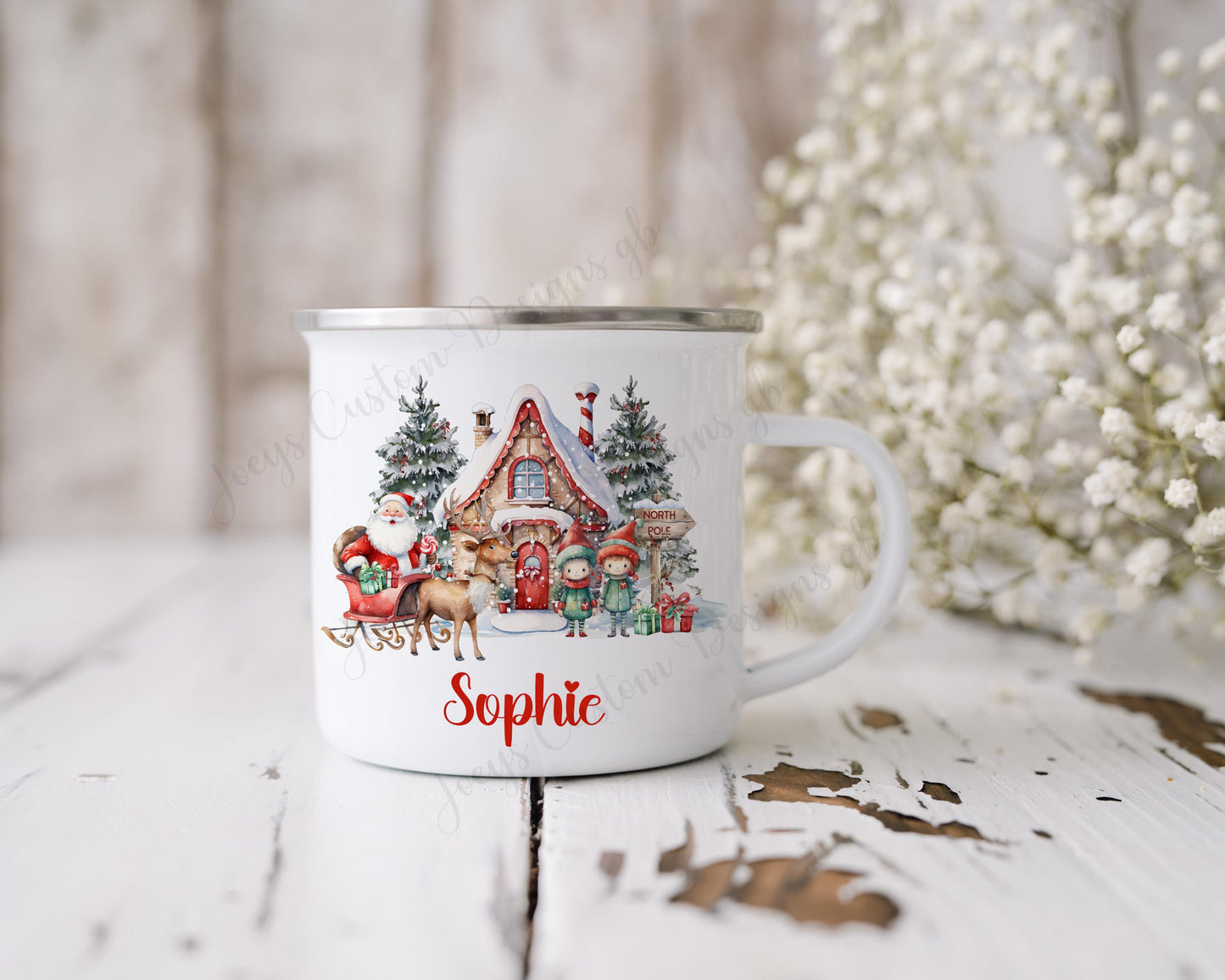 Personalised Christmas cup, Kids enamel mug, Children's drinkware, Festive gift, Father Christmas grotto, metal cup, 12oz camping mug