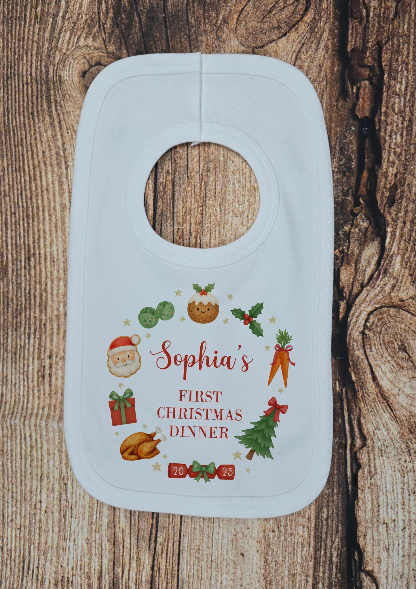 First Christmas dinner personalised bib, over head cotton bib, feeding accessory, Festive burp cloth, Baby's 1st xmas