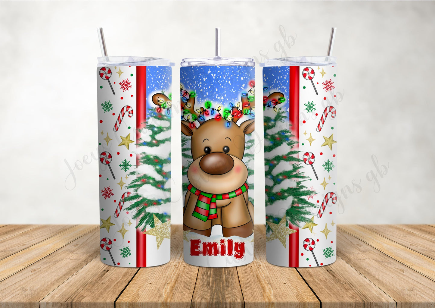 Personalised Christmas tumbler, Reindeer Stainless steel tumbler with straw, festive metal drinkware, flask, Xmas gift, hot/cold drinks