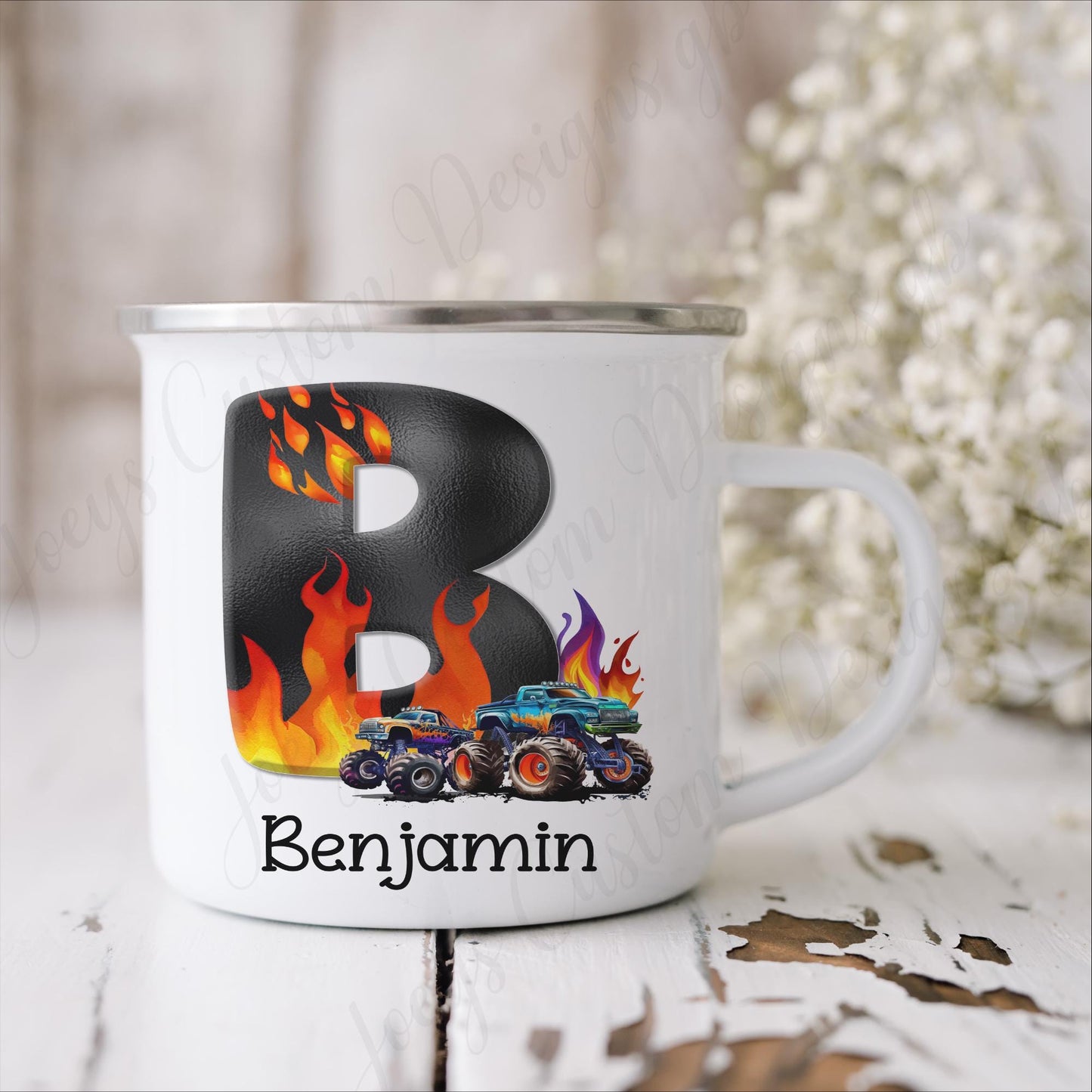 Personalised monster truck enamel mug, Initial camping cup, metal drinkware, children's drinkware