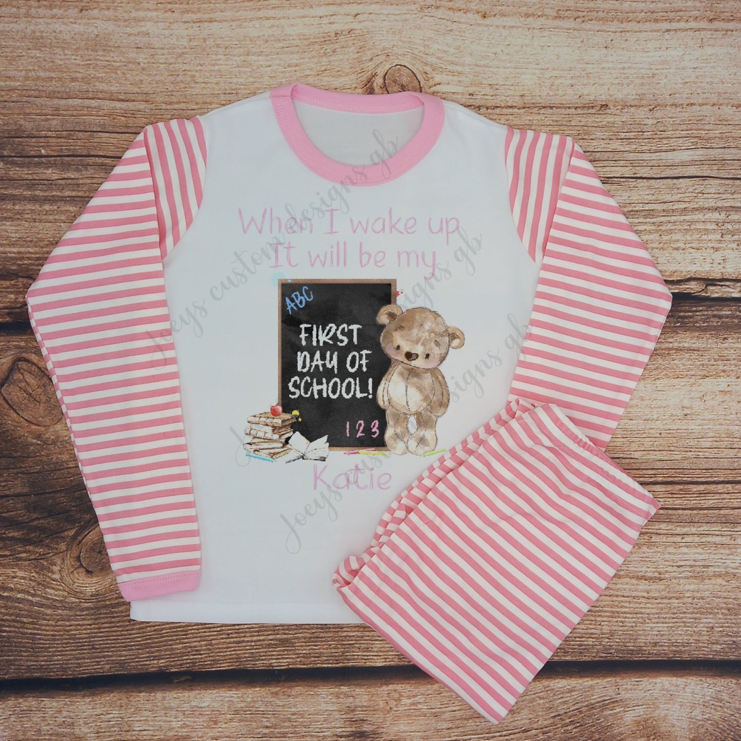 Childrens personalised 1st day of school pjs, back to school pyjamas