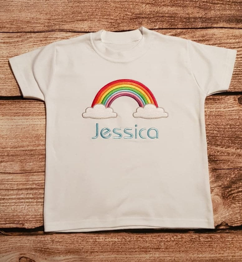 childrens personalised rainbow tshirt, embroidered rainbow shirt