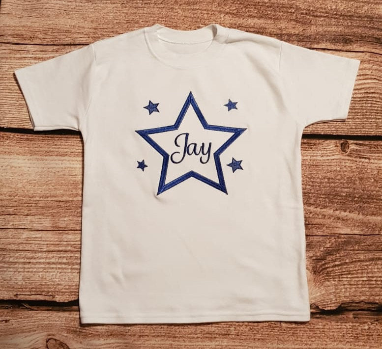 childrens embroidered star tshirt with name or initials in the middle