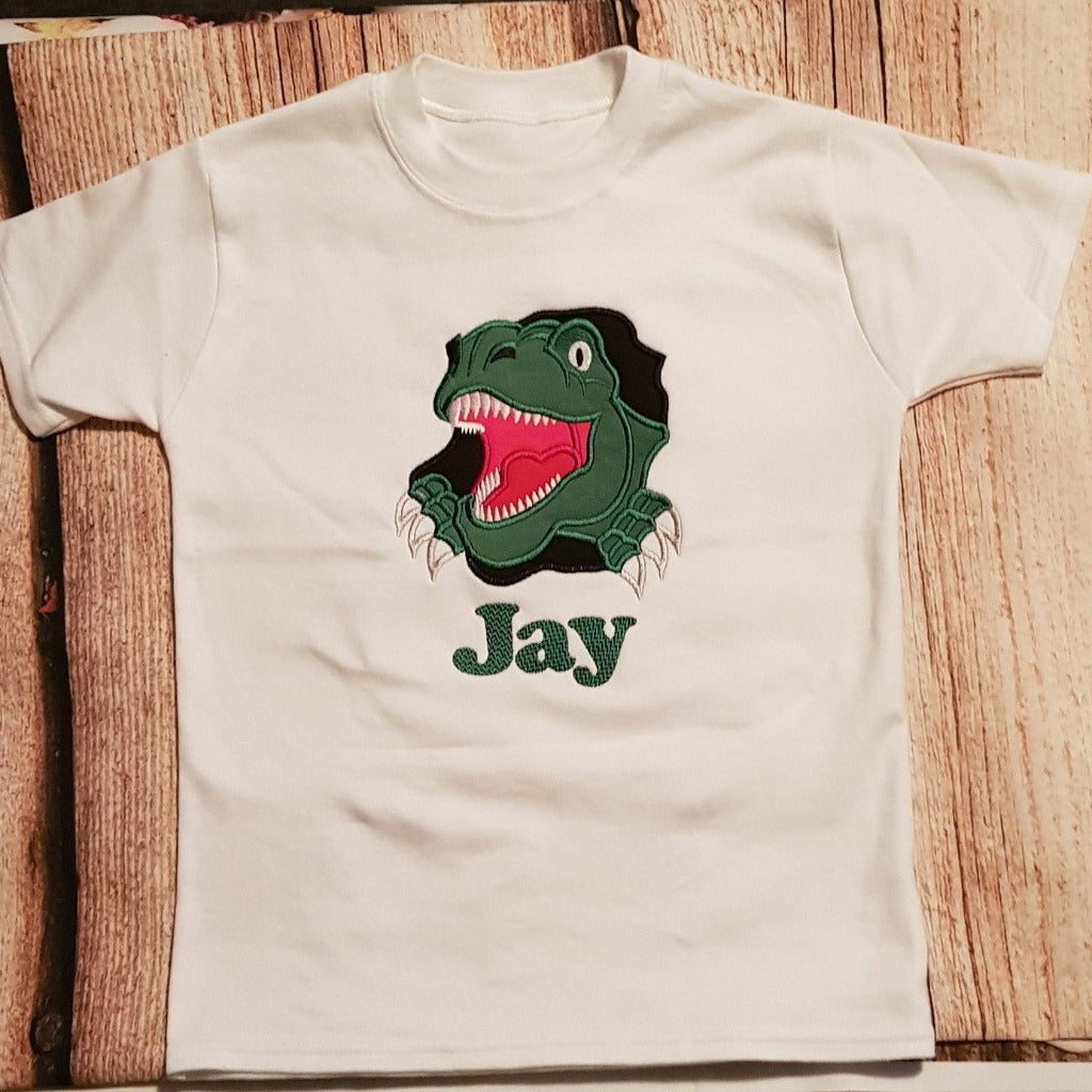 Childrens personalised dinosaur tshirt, embroidered dinosaur tshirt