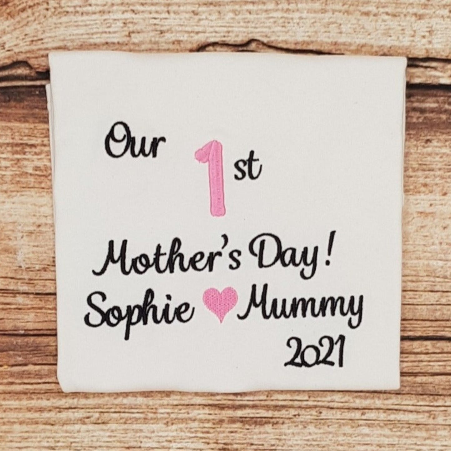 Childrens personalised mothers day t-shirt, our first mothers day embroidered shirt