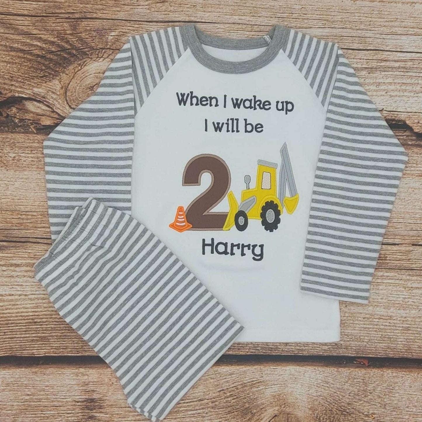 Children's personalised birthday pyjamas, child's embroidered birthday pjs, kids digger sleepwear, When I wake up celebration nightwear