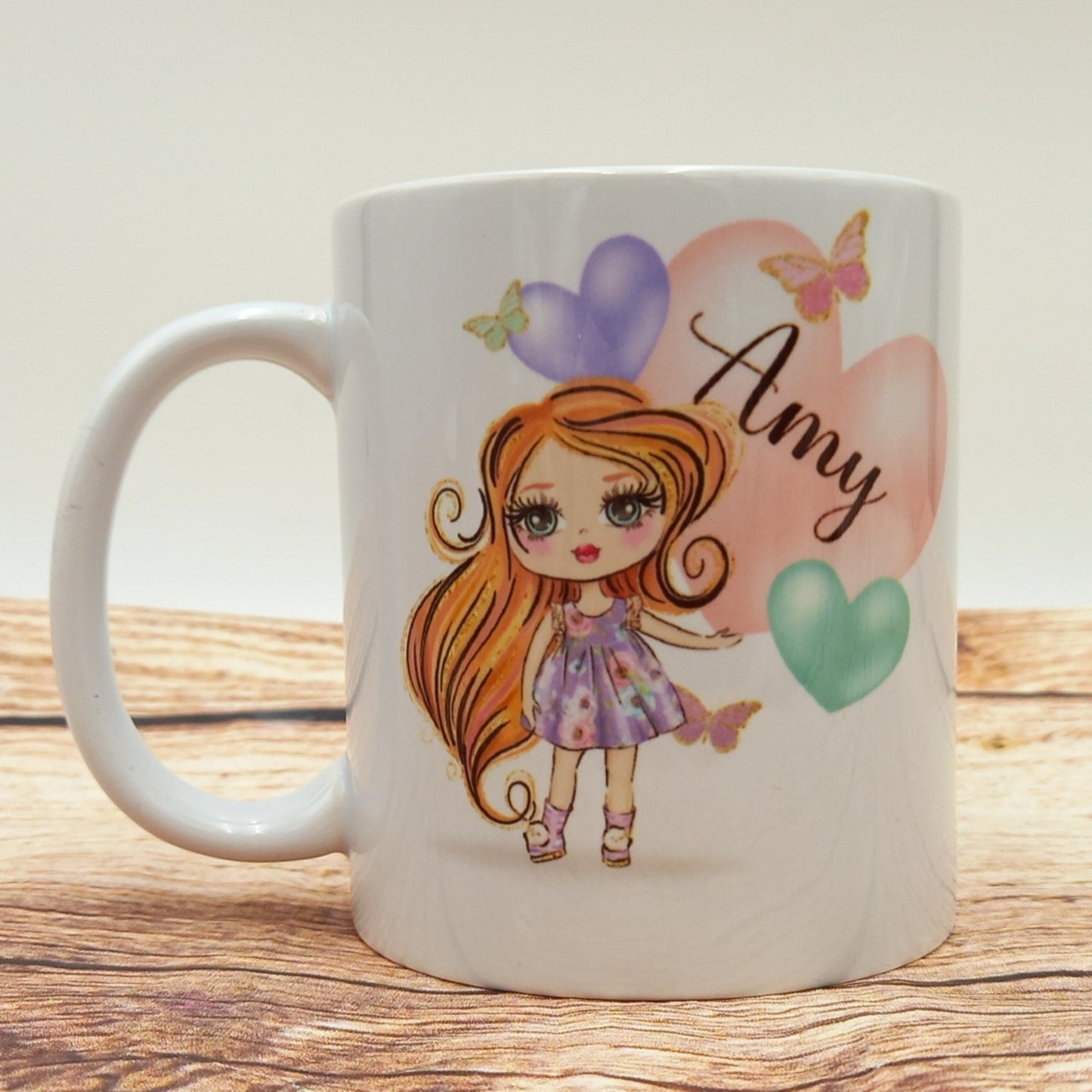 Personalised mug, hearts and butterflies cup, girl coffee mug, customised drinkware, personalised gift for her