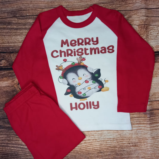 Childrens personalised Christmas pyjamas, Kid xmas pjs, Penguin pyjamas, festive pyjamas, Christmas eve pyjamas, Christmas gift, personalised clothes