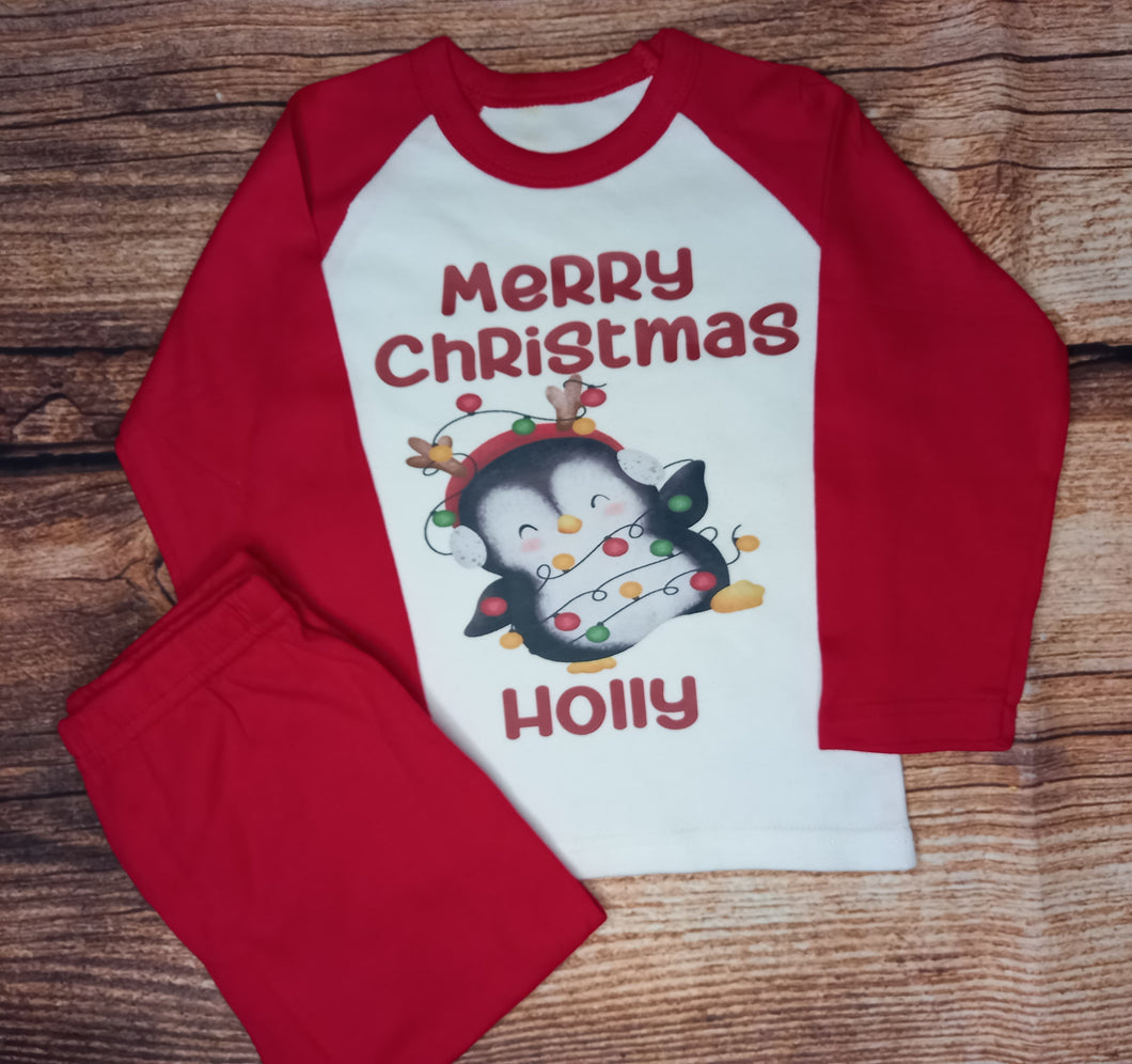 Childrens personalised Christmas pyjamas, Kid xmas pjs, Penguin pyjamas, festive pyjamas, Christmas eve pyjamas, Christmas gift, personalised clothes