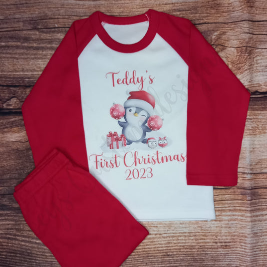 Baby's first Christmas pyjamas, Childrens personalised pyjamas, Xmas pjs, penguin 1st christmas pjs