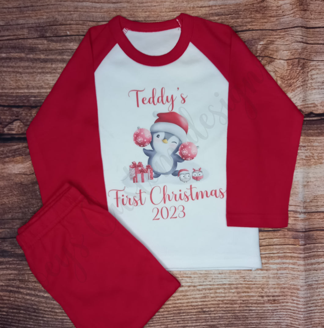 Baby's first Christmas pyjamas, Childrens personalised pyjamas, Xmas pjs, penguin 1st christmas pjs