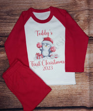 Load image into Gallery viewer, Baby&#39;s first Christmas pyjamas, Childrens personalised pyjamas, Xmas pjs, penguin 1st christmas pjs
