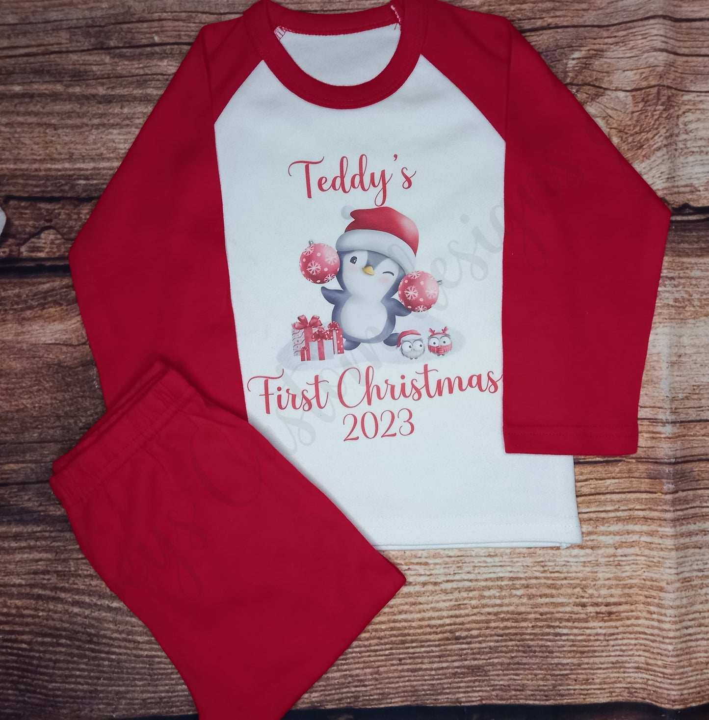 Baby's first Christmas pyjamas, Childrens personalised pyjamas, Xmas pjs, penguin 1st christmas pjs