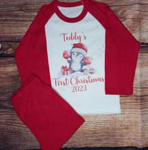 Load image into Gallery viewer, Baby&#39;s first Christmas pyjamas, Childrens personalised pyjamas, Xmas pjs, penguin 1st christmas pjs
