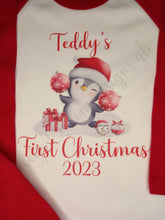 Load image into Gallery viewer, Baby&#39;s first Christmas pyjamas, Childrens personalised pyjamas, Xmas pjs, penguin 1st christmas pjs
