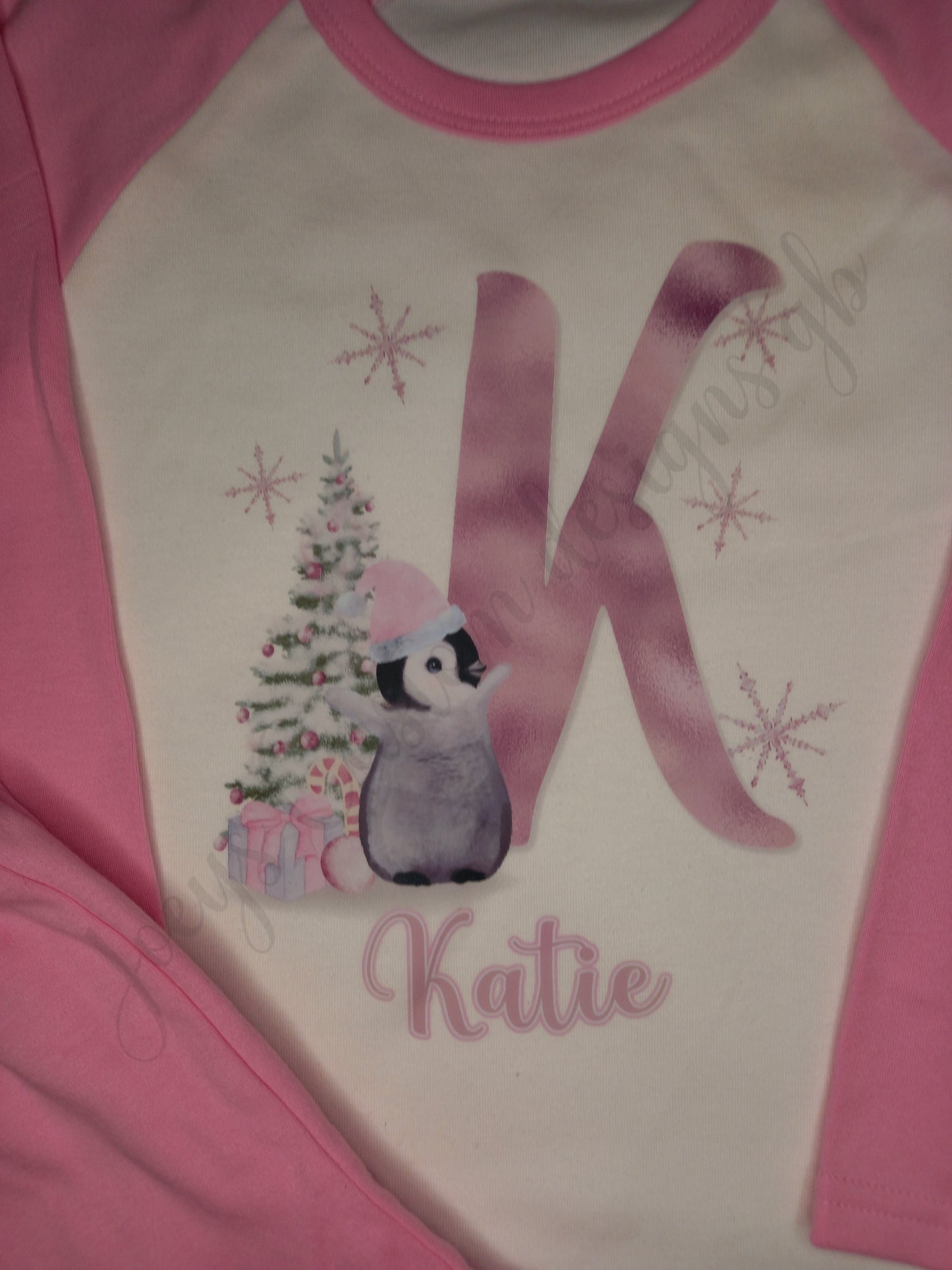 Children's personalised Christmas pyjamas, Kids penguin initial pjs, festive nightwear, Xmas pyjamas