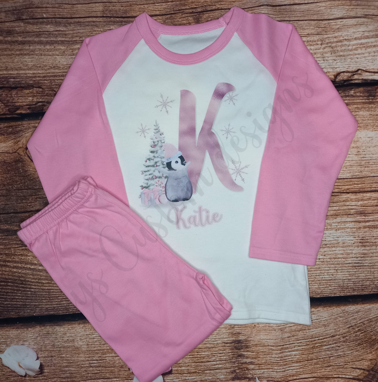 Children's personalised Christmas pyjamas, Kids penguin initial pjs, festive nightwear, Xmas pyjamas