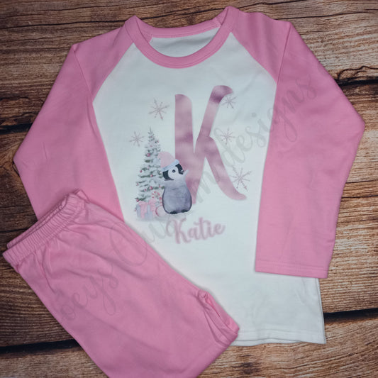Children's personalised Christmas pyjamas, Kids penguin initial pjs, festive nightwear, Xmas pyjamas