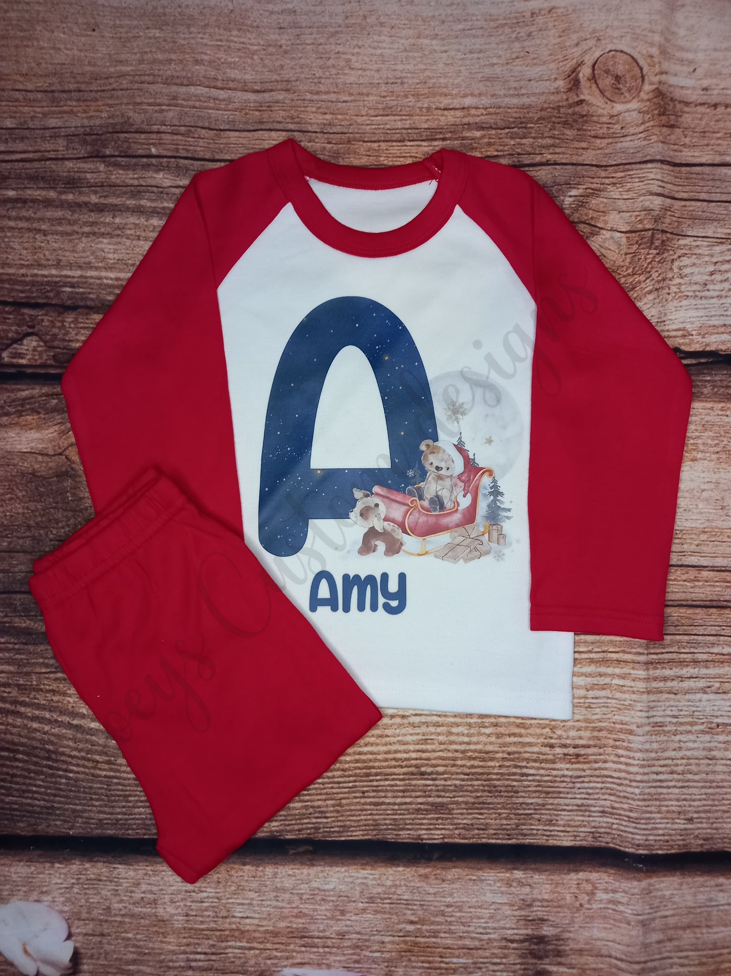 Children's personalised Christmas pyjamas, Kids festive pjs, santa teddy and sleigh initial pjs, Christmas eve pyjamas
