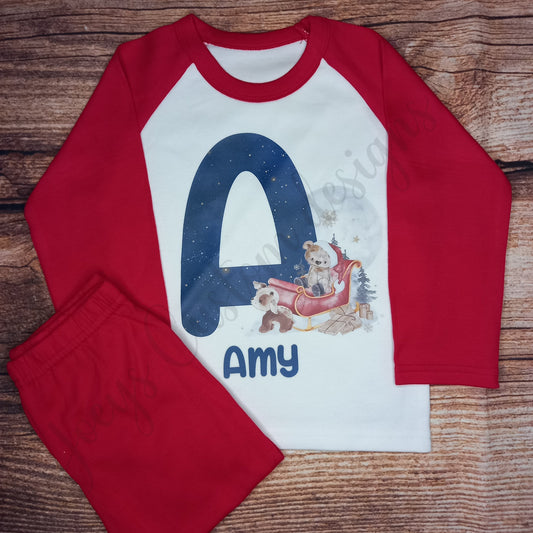 Children's personalised Christmas pyjamas, Kids festive pjs, santa teddy and sleigh initial pjs, Christmas eve pyjamas