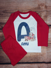 Load image into Gallery viewer, Children&#39;s personalised Christmas pyjamas, Kids festive pjs, santa teddy and sleigh initial pjs, Christmas eve pyjamas
