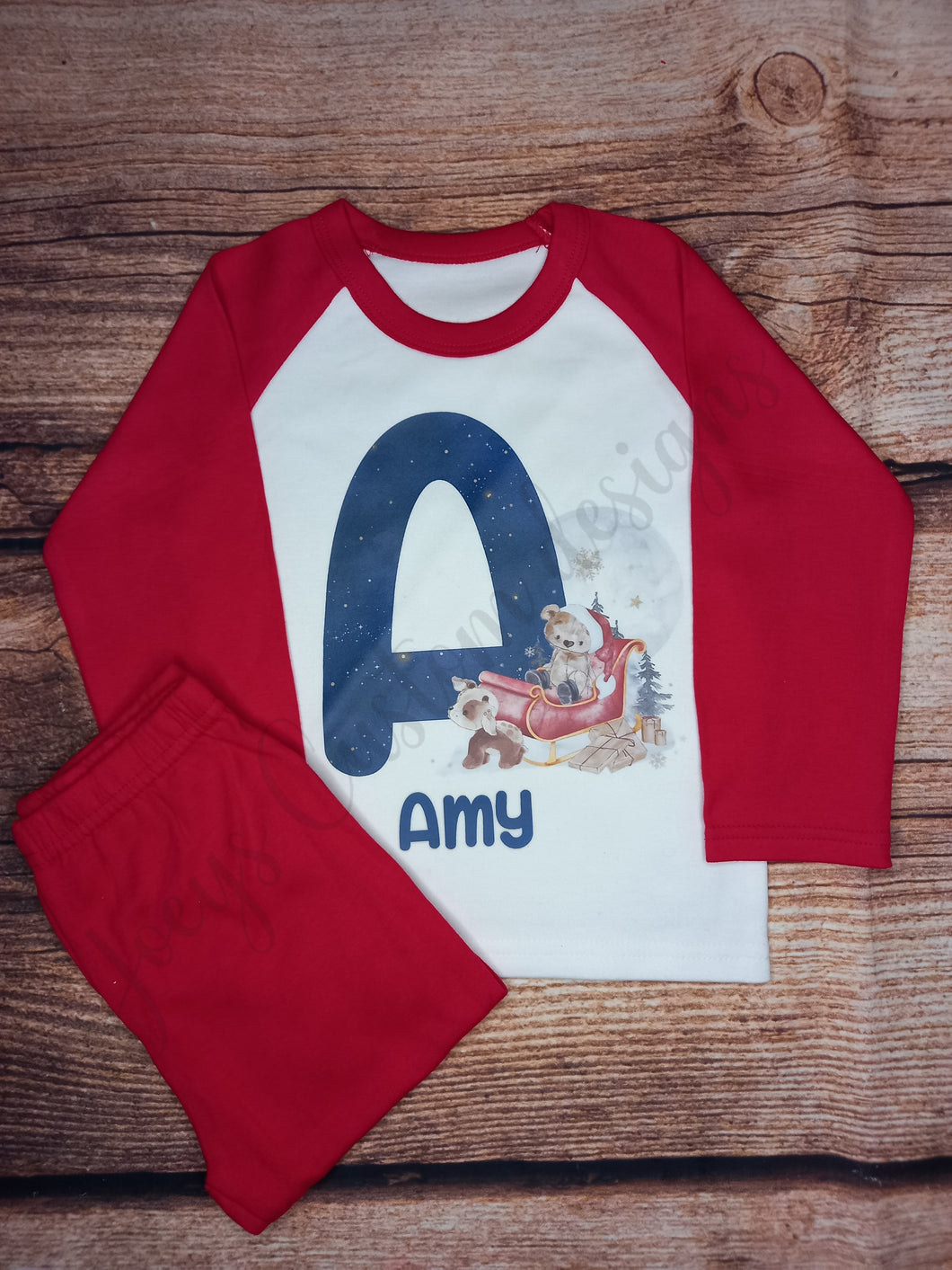 Children's personalised Christmas pyjamas, Kids festive pjs, santa teddy and sleigh initial pjs, Christmas eve pyjamas